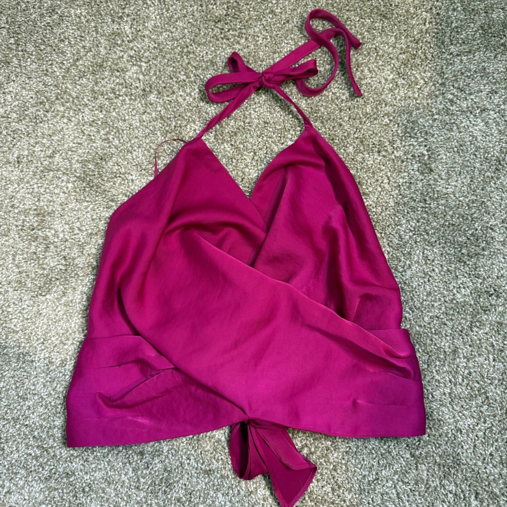 Express Womens Fuchsia Pink Satin Halter Neck Wrap Tie Back Crop Top Small NWT